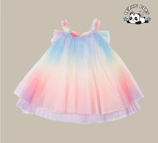 LEZONKIDS - Spaghetti Strap Girl Summer Kids Dress With Bow Tulle Tutu Straight Dresses